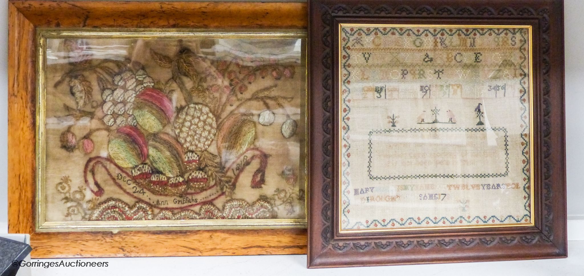 A George IV woolwork embroidered panel, by Ann Griffiths, dated 1818 and a George III needlework sampler dated 1786, 30cm sq.